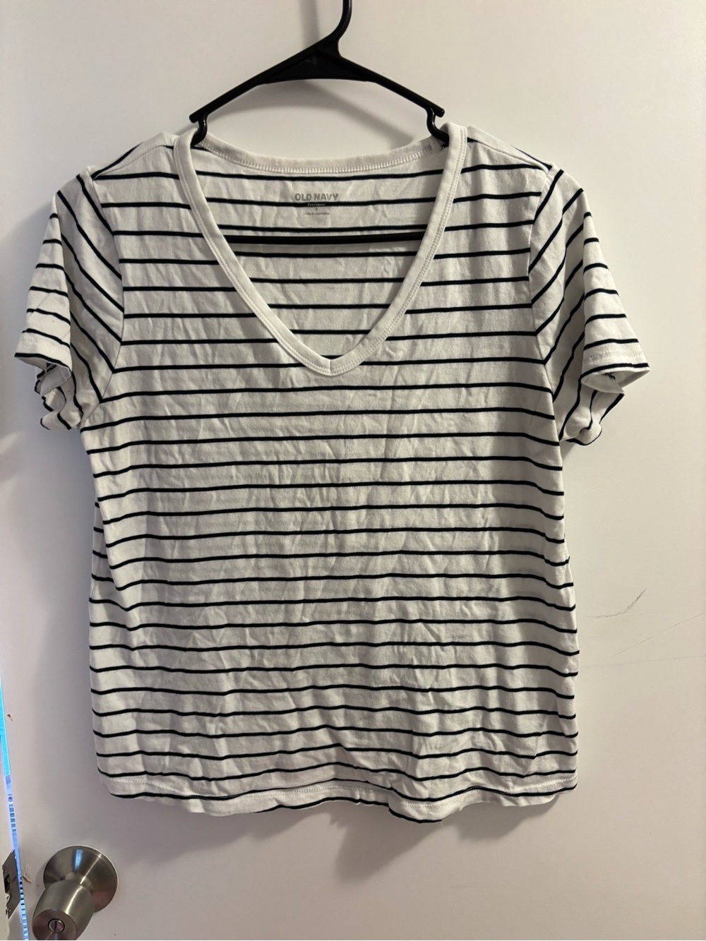 Old Navy White and Black Striped V-Neck Short Sleeve Tee
